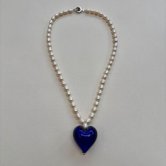 Teng Yue Jewelry - Gorgeous Freshwater Pearl + Cobalt Blue Morano Glass Heart Pendant Necklace